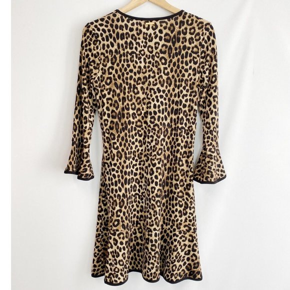 Michael Kors Mega Cheetah Bell Sleeves Flounce Dress Dark Camel S - Picture 3 of 5